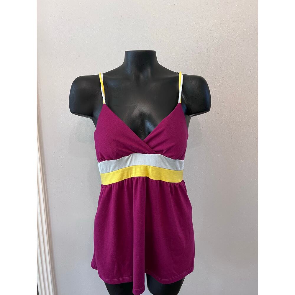 VTG Charming Babydoll Tank Cami ColorBlock maroon/Yellow/Whte Sz L‎ Y2K Vacation
